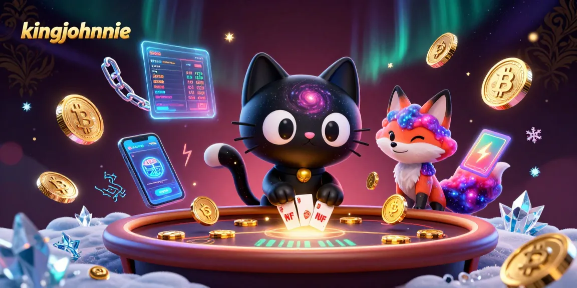 kingjohnnie cat pulls in crypto chips in a vibrant cosmic casino scene