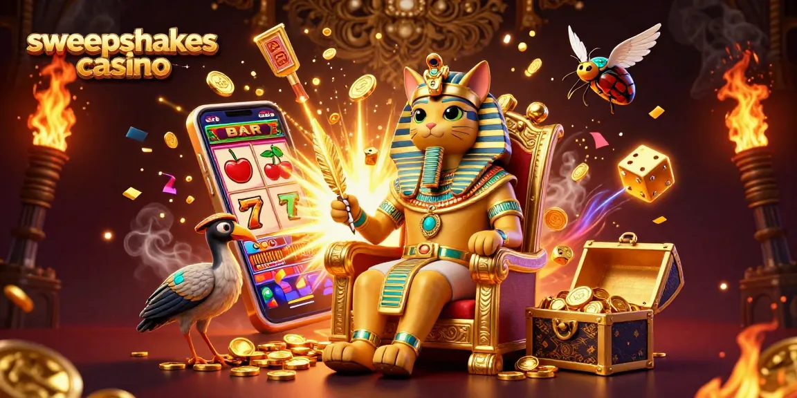 Experience the excitement of sweepstakes casino with this vibrant 3D illustration featuring a pharaoh cat and jackpot elements.