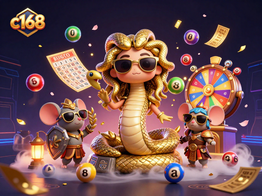 Experience thrilling gaming at c168 with cute Medusa, a warrior mouse, and vibrant lottery elements!