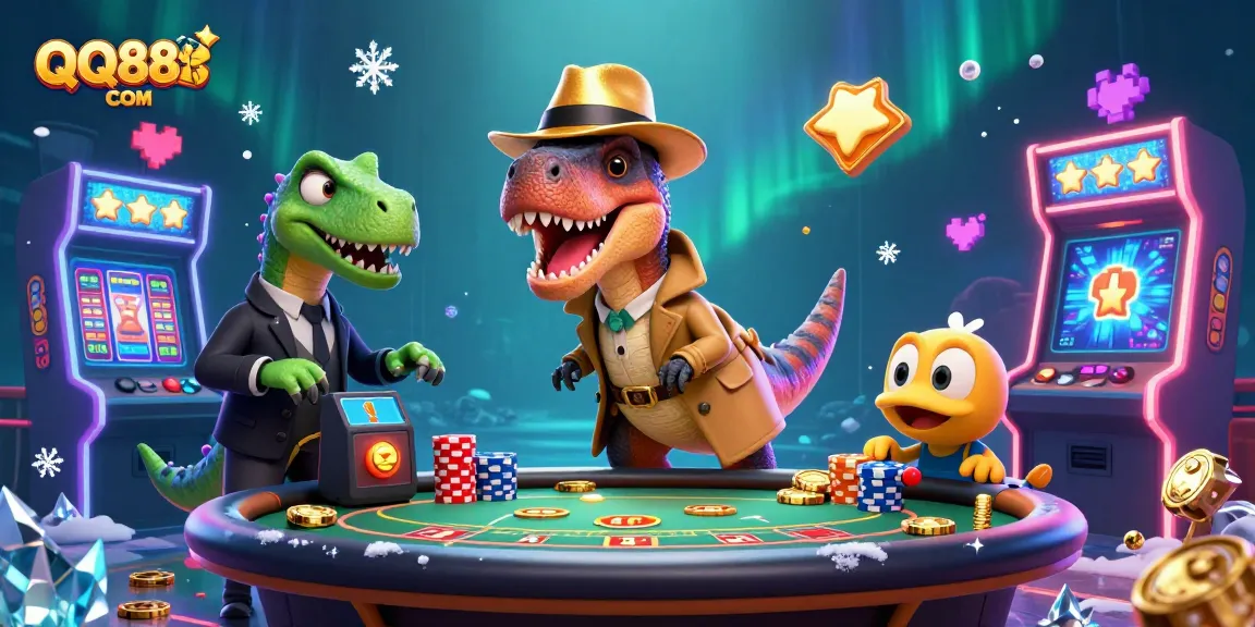 Win big with QQ88COM at the immersive blackjack table featuring unique characters and vibrant casino elements.