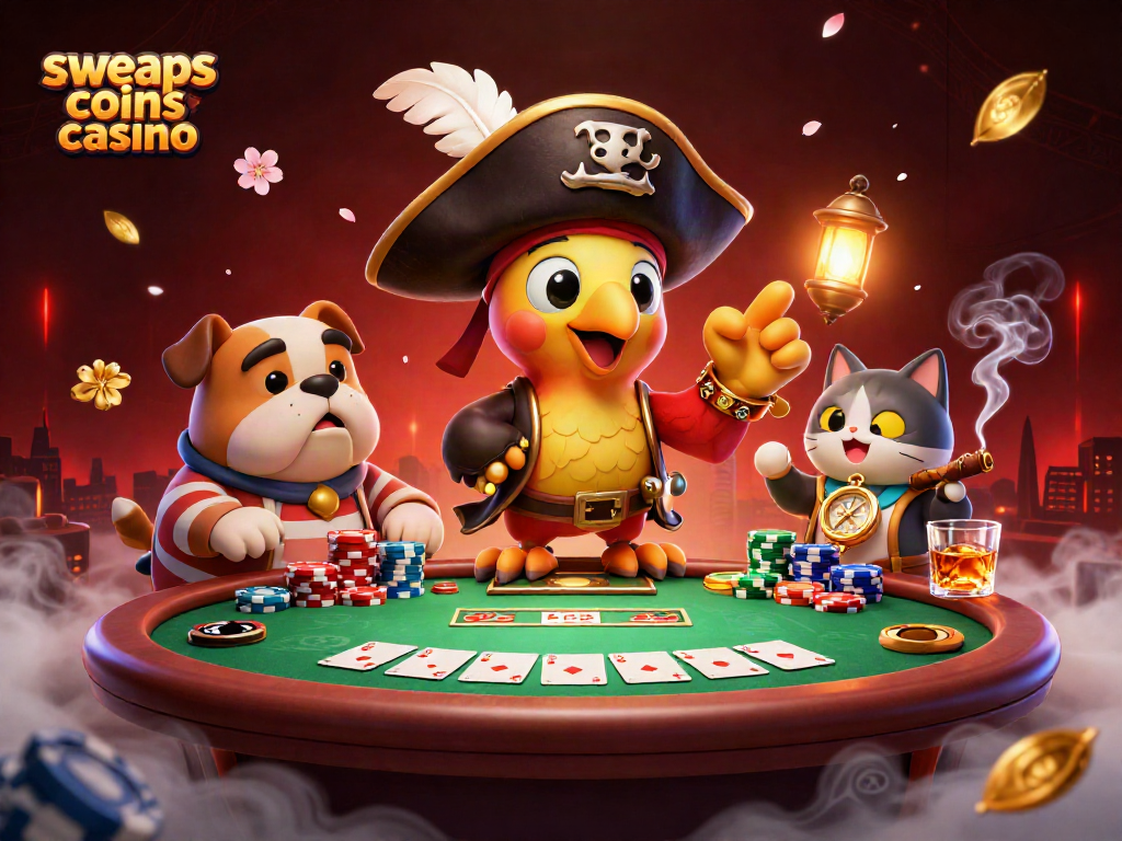 Engage in the thrilling world of sweeps coins casino with a vibrant 3D scene featuring colorful poker elements.
