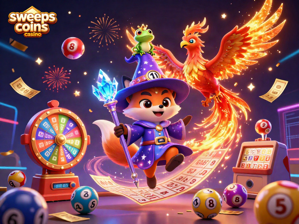 Experience the magic of sweeps coins casino in this vibrant 3D illustration capturing a wizard fox and phoenix.