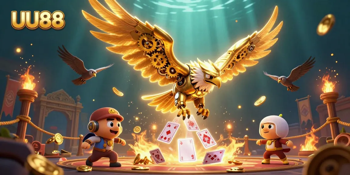 Experience thrilling gameplay with UU88, featuring vibrant 3D illustrations of gambling action and colorful casino elements.