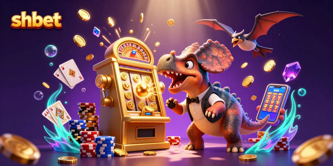 SHBET's pachycephalosaurus celebrates a jackpot win with coins, capturing the excitement of online gaming.