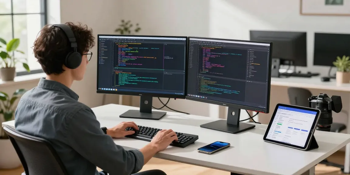 WhatsApp下載 app installation in a tech workspace featuring a developer coding on dual monitors.