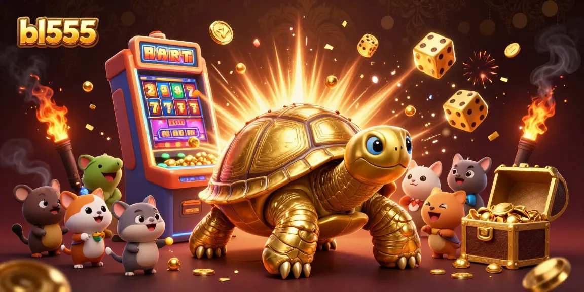 Win big at bl555 with this engaging casino-themed 3D illustration featuring a golden tortoise and jackpot symbols.