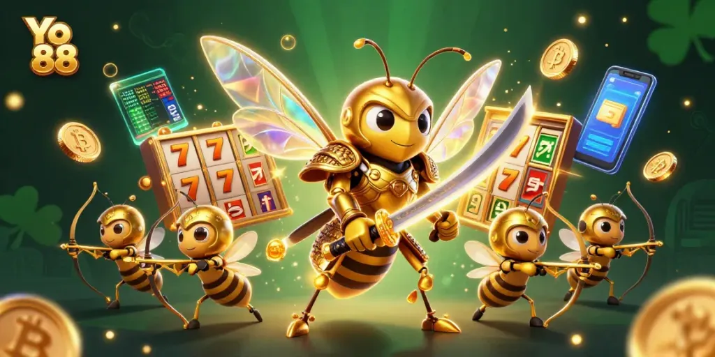 Engage in thrilling gameplay with Yo 88 as a giant golden hornet and bee archers surround jackpot symbols.