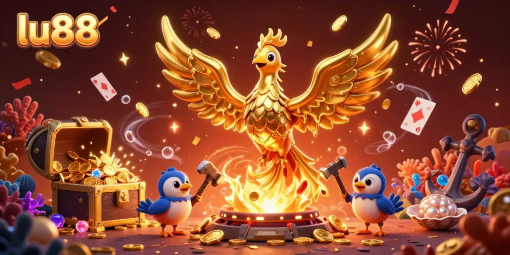 Engage with the vibrant gaming world of lu88 featuring a molten golden phoenix with treasure, cards, and festive elements.