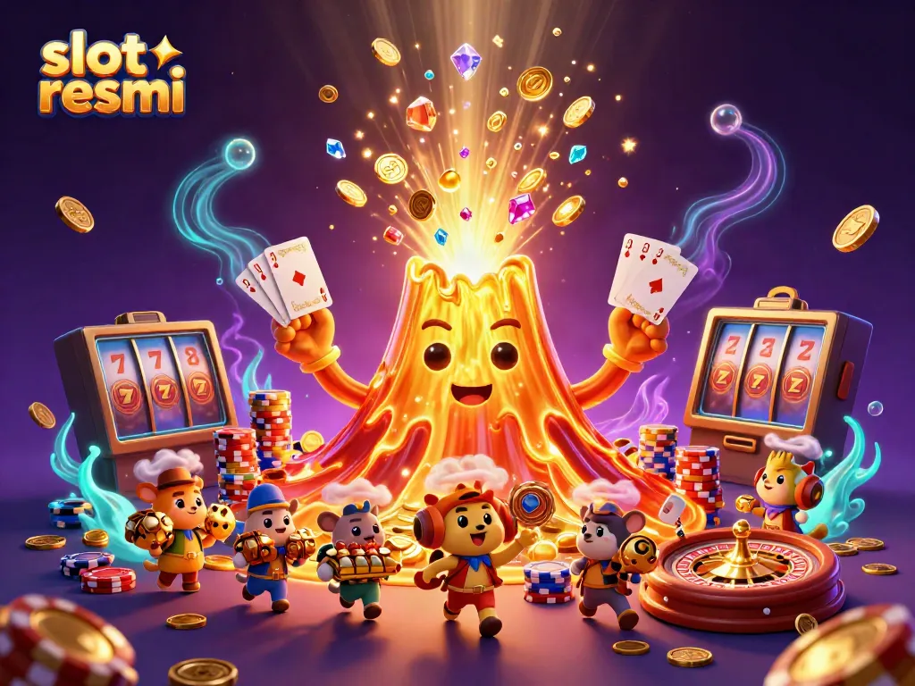 Slot resmi features dynamic characters and elements celebrating casino excitement with coins and treasures.