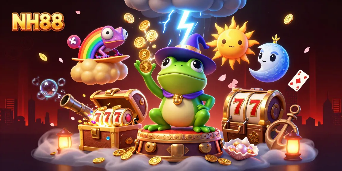 Experience NH88’s vibrant casino with a wizard frog and chameleon amidst golden coins and slot elements.