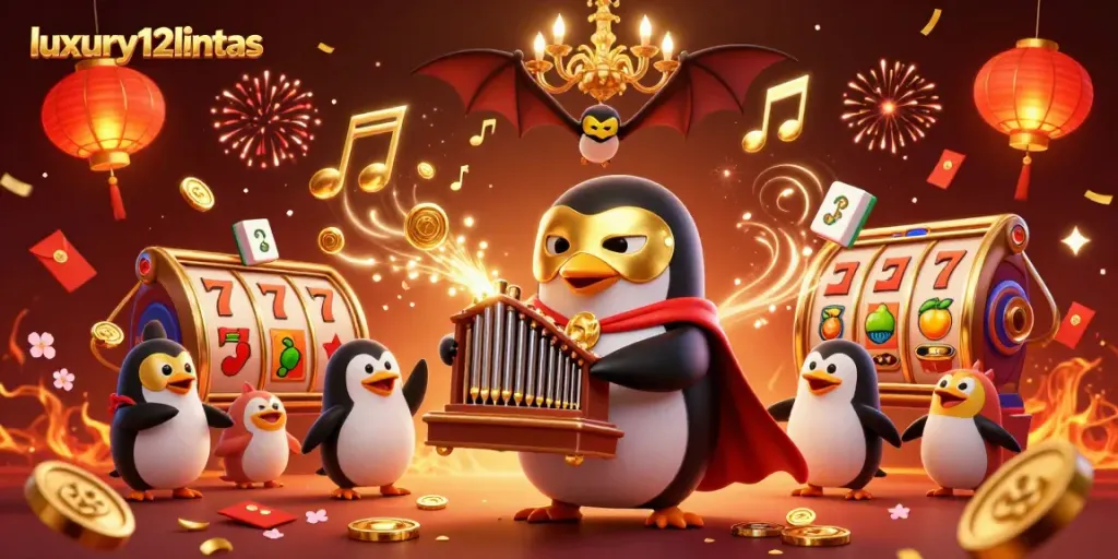 Engage with luxury12lintas through a vibrant scene featuring an opera penguin, golden coins, and slot elements.