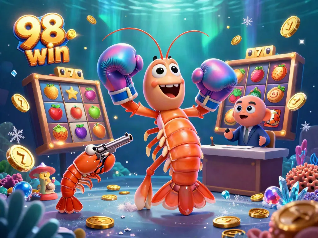 Join the excitement of 98 win with dynamic 3D casino characters surrounded by vibrant slot symbols and gold coins.