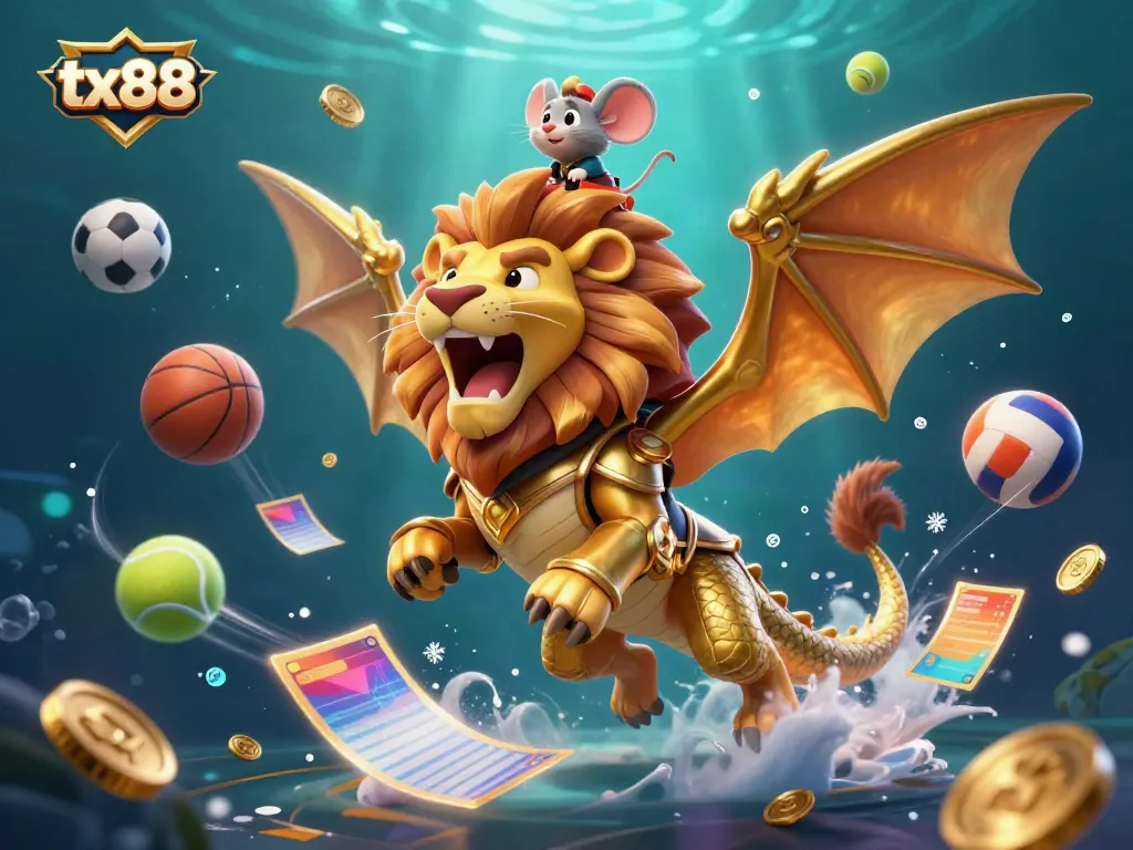 Experience the thrills of tx88 with a colorful gambling scene showcasing a mythical chimera and dynamic sports elements.