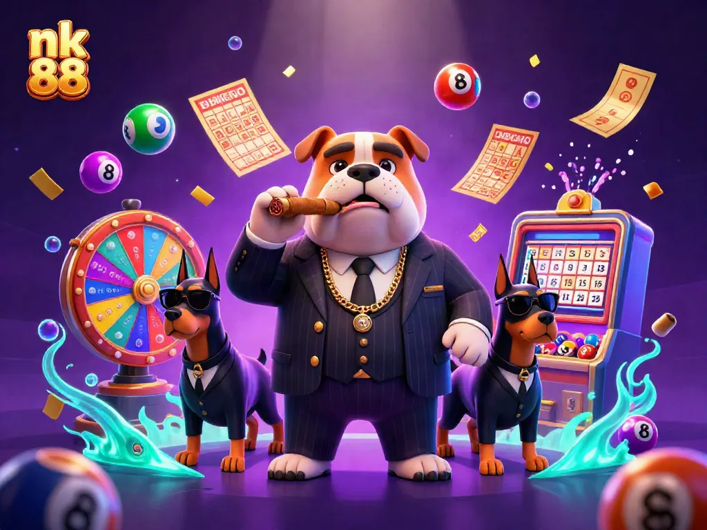Engage with nk 88's lively gaming scene featuring a mafia boss and lottery elements in action.