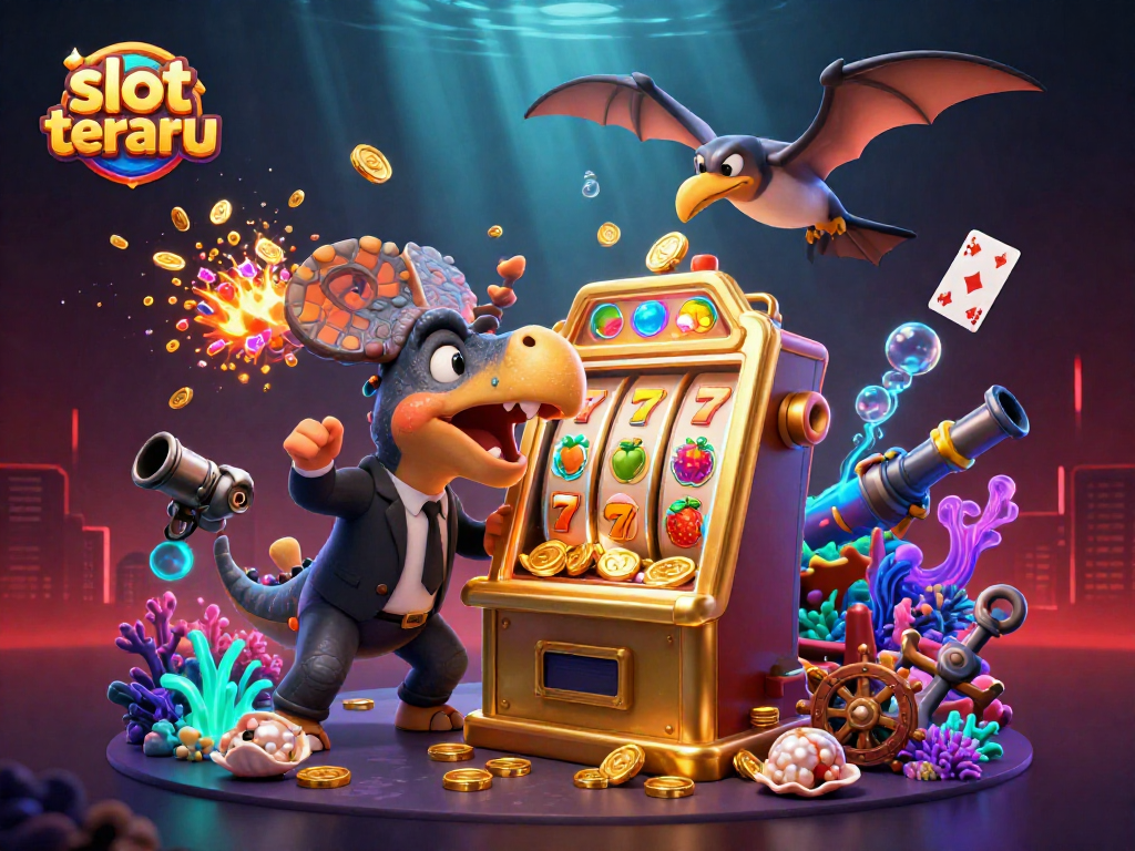 Experience thrilling slot terbaru action as a pachycephalosaurus activates a jackpot at a casino, surrounded by chaos and flying coins