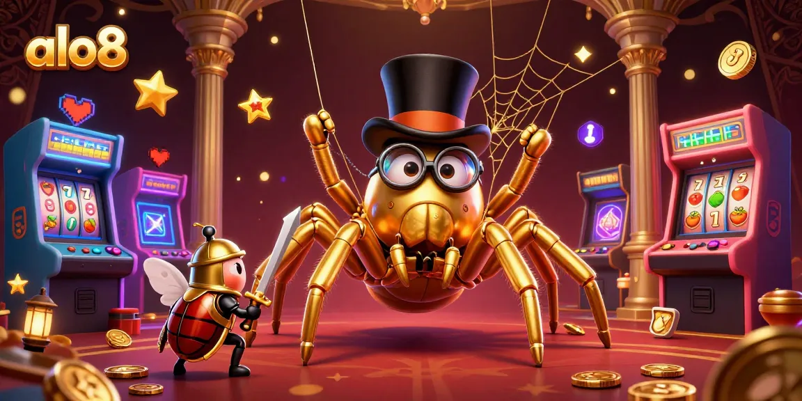 Experience the thrill of alo8 with a golden tarantula, knight, and arcade elements in a vibrant casino scene.