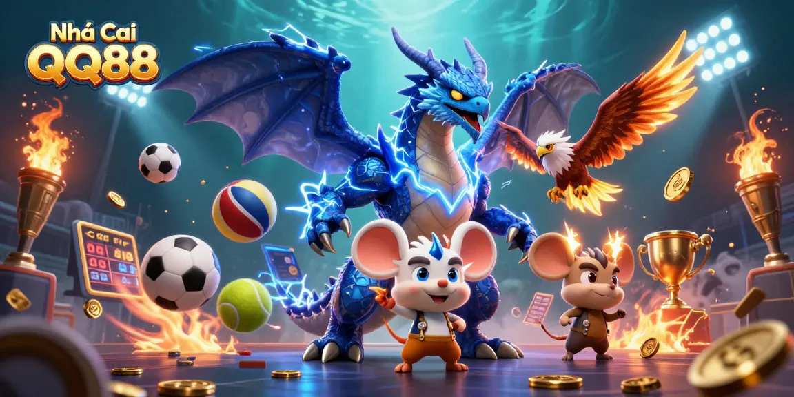 Engage with Nhà Cái QQ88 featured in a dynamic sports-themed illustration showcasing electrifying characters in action.