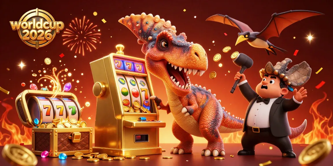 Experience thrilling moments at worldcup 2026 with dino characters celebrating a slot machine jackpot