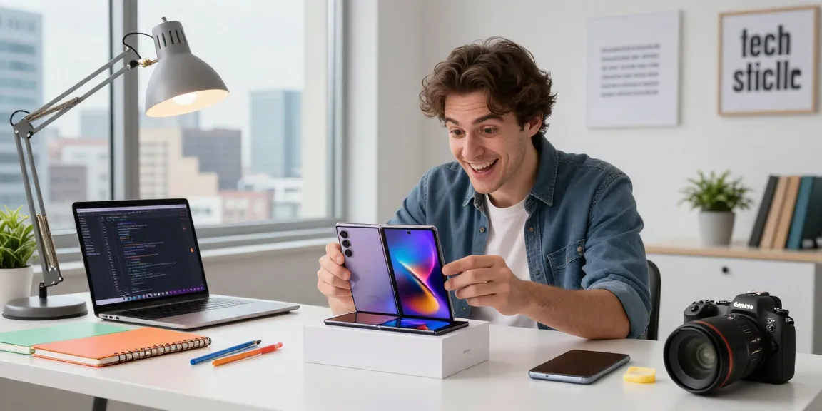 Unboxing the Samsung Galaxy Z TriFold smartphone in a modern tech workspace.