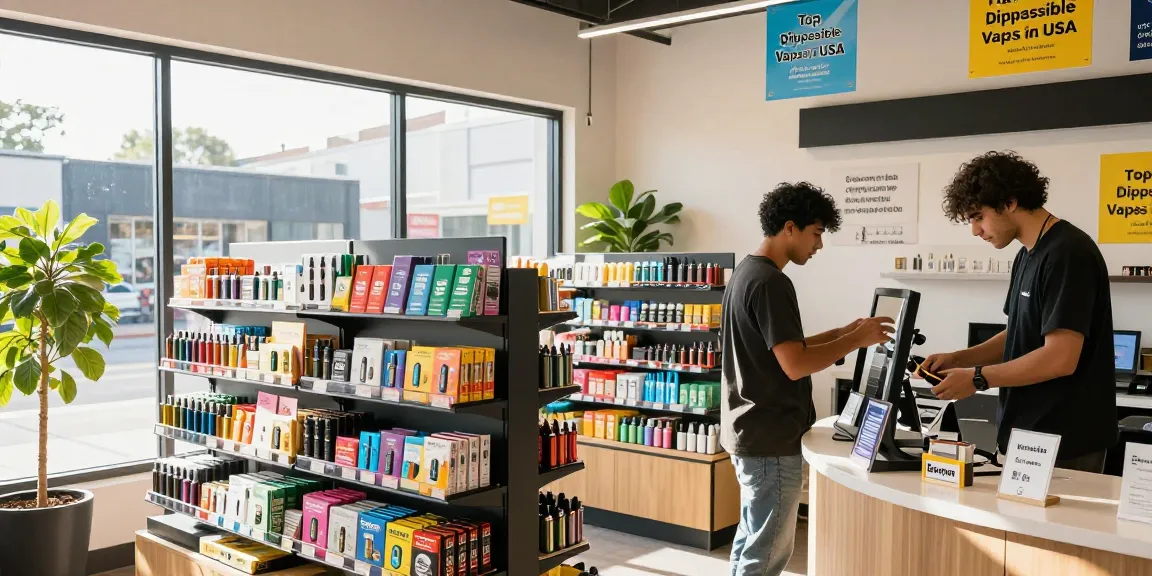 Explore top disposable vapes in USA at our vape shop with diverse brands and vibrant displays.
