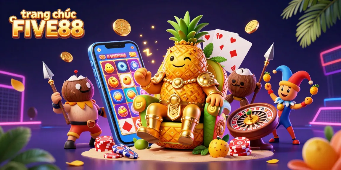 Experience the vibrant action on trang chủ FIVE88 with the golden pineapple king ruling over the beach casino.