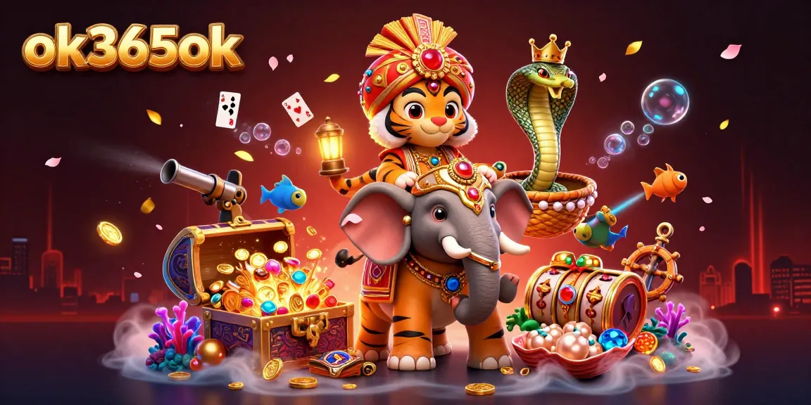 Experience the thrill of ok365ok with a dynamic 3D casino scene featuring a majestic tiger, elephant, and treasure.