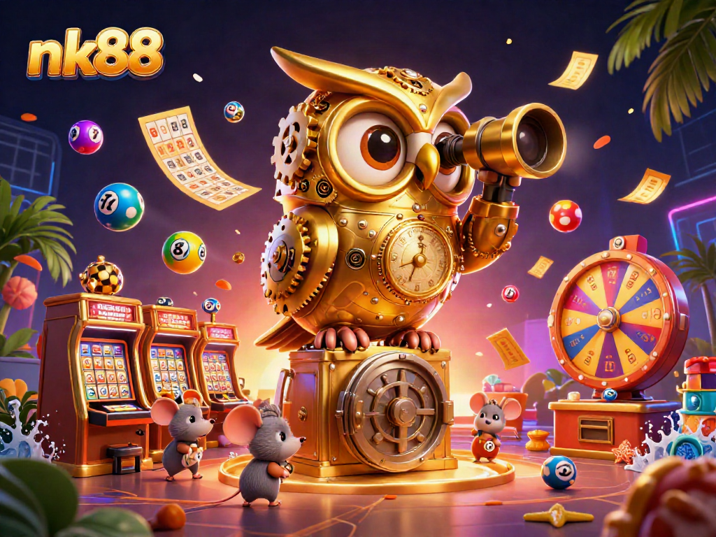 Engage with nk88 in this vibrant 3D casino illustration featuring an owl and bustling game elements.