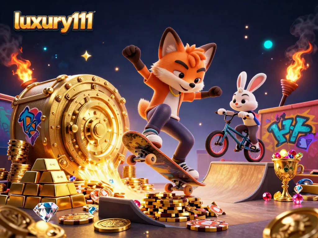 Experience the excitement of luxury111 with a vibrant casino-inspired skateboarding illustration.