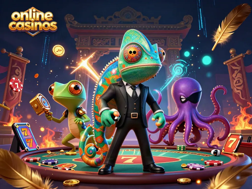Experience thrilling online casinos with dynamic characters and vibrant casino elements.
