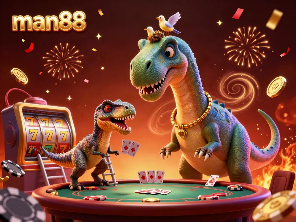 Experience thrilling gameplay with man88 as the brontosaurus towers over a lively casino scene.