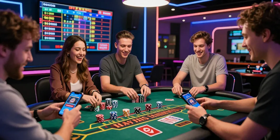 Exciting online gaming scene at https://f1686s.com/ showing friends cheering at a baccarat table with vibrant casino atmosphere.