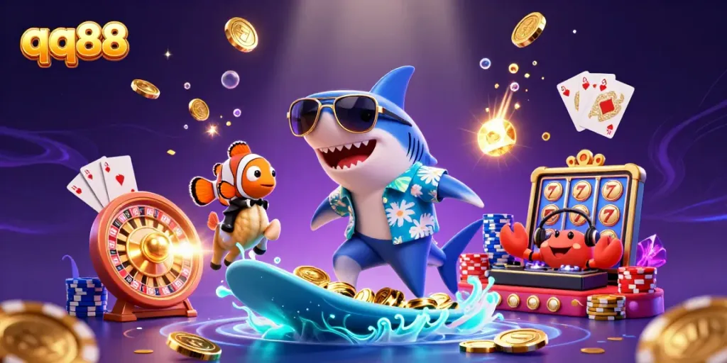 Enjoy thrilling slots action with qq88 featuring vibrant characters surfing on gold coins.