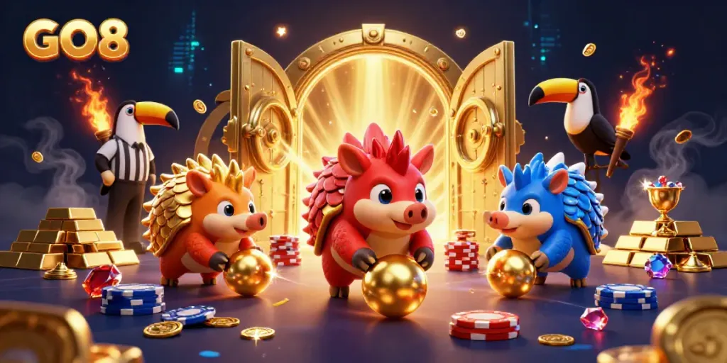 GO8 pangolins engaging in a vibrant casino-themed bowling game with poker chips.