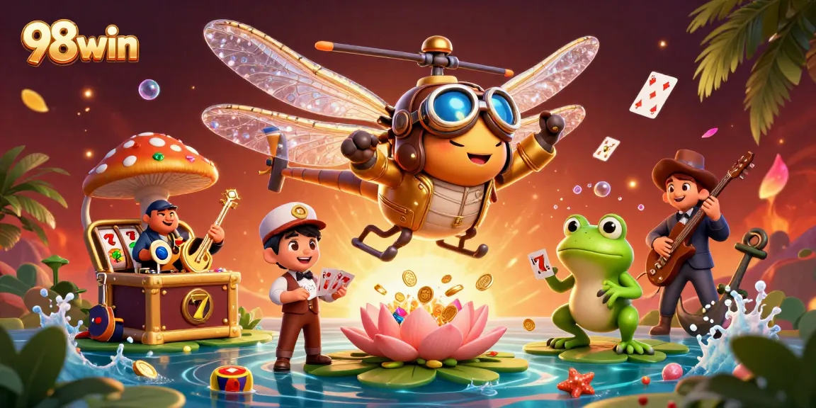 Play slots and win big at 98win with lively dragonfly pilots and frog dealers in a vibrant 3D casino illustration.