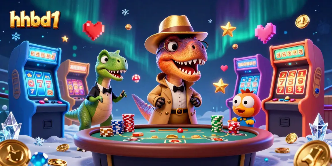 hhbd1 features a velociraptor at a blackjack table amidst vibrant casino elements in a fun 3D illustration.