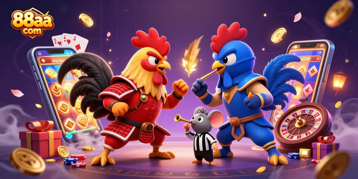 Engage with 88aa com in a thrilling standoff between roosters in a dynamic casino scene.