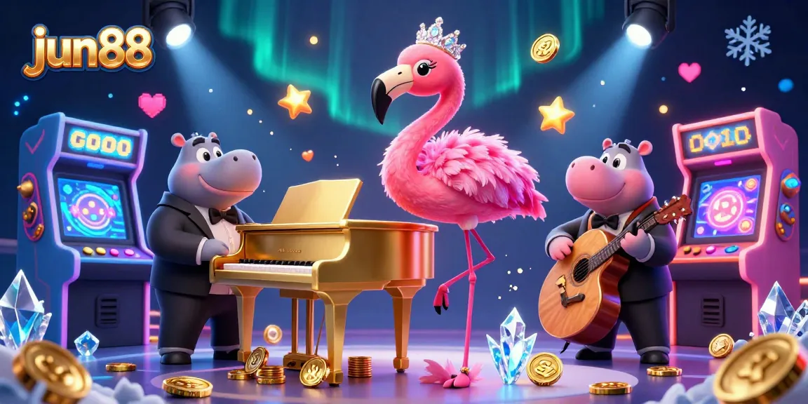 Experience vibrant action at jun88 with a flamingo singer and hippo bassist in a vivid casino scene.