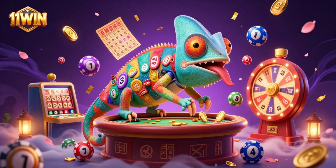 Engage with 11WIN's vibrant casino scene featuring an animated chameleon and dynamic gaming elements.