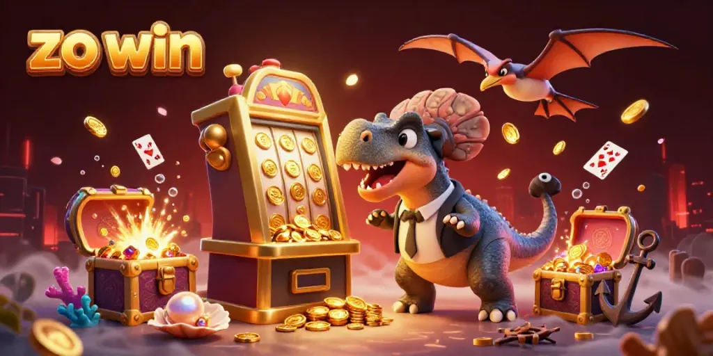 Experience the excitement of zo win as a pachycephalosaurus hits a slot machine amidst a colorful casino scene.