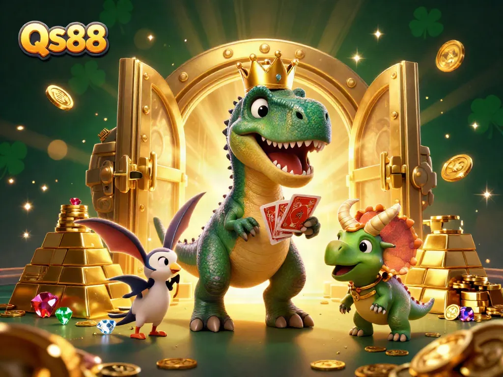 Experience the vibrant QS88 casino world with dynamic characters shuffling cards and stacking chips.