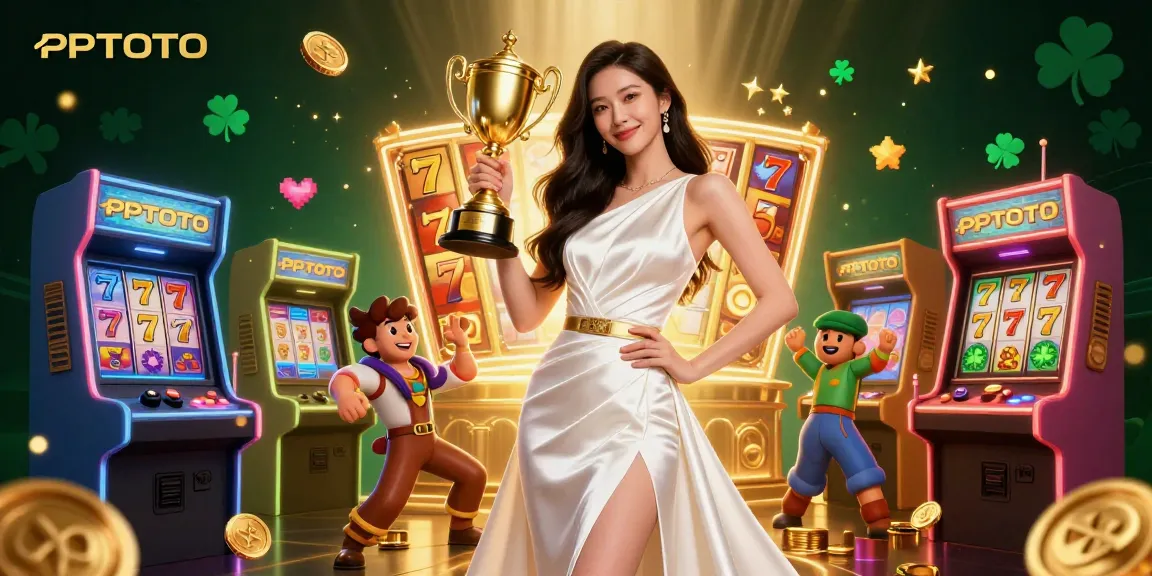 PPTOTO menampilkan seorang wanita Asia dalam pose kemenangan dengan trofi emas di tengah elemen permainan slot yang mendebarkan.
