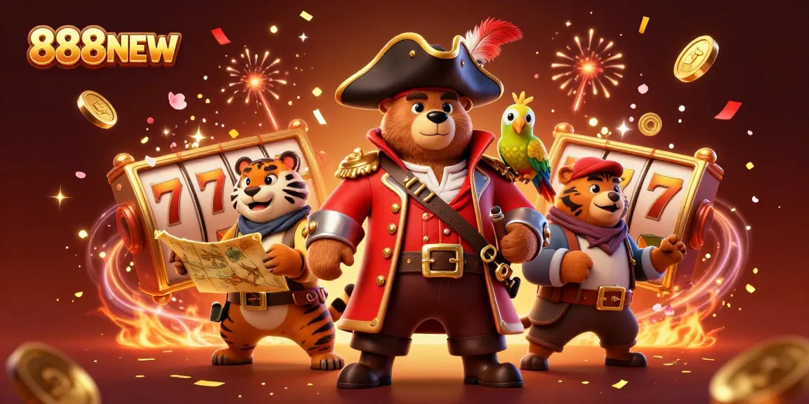 Experience the thrill of 888NEW with a vibrant casino scene featuring cartoon characters and dynamic game elements.