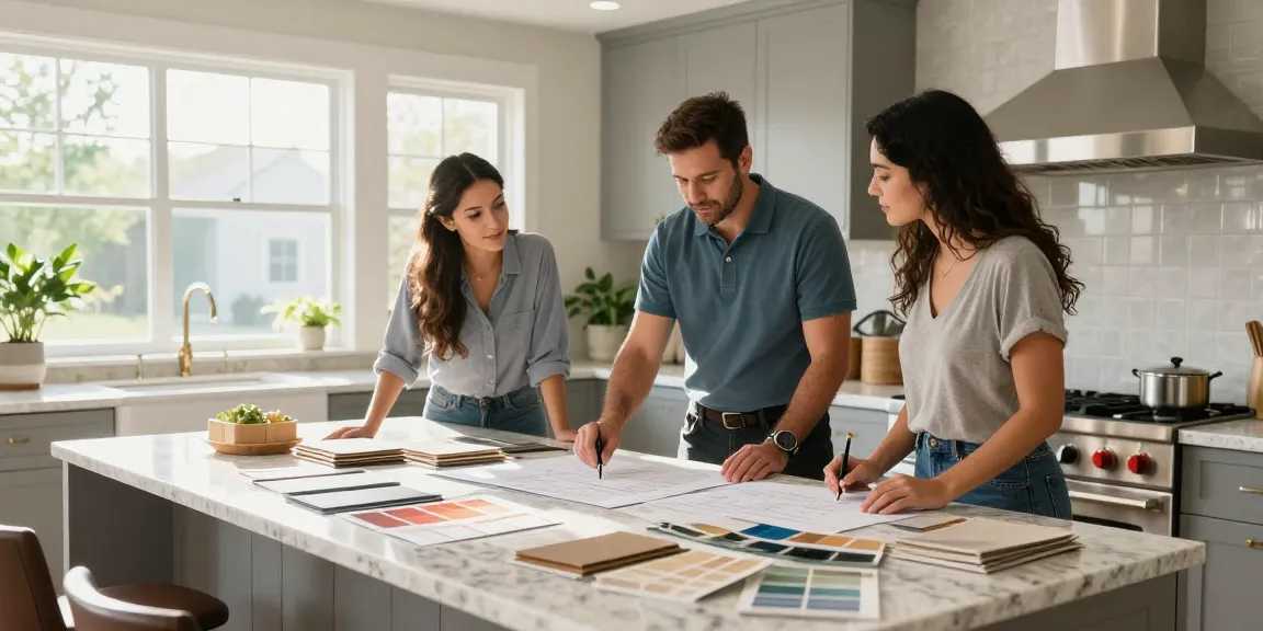 Kitchen remodeling in San Jose consultation with homeowner and contractor discussing design ideas at a bright, modern island.