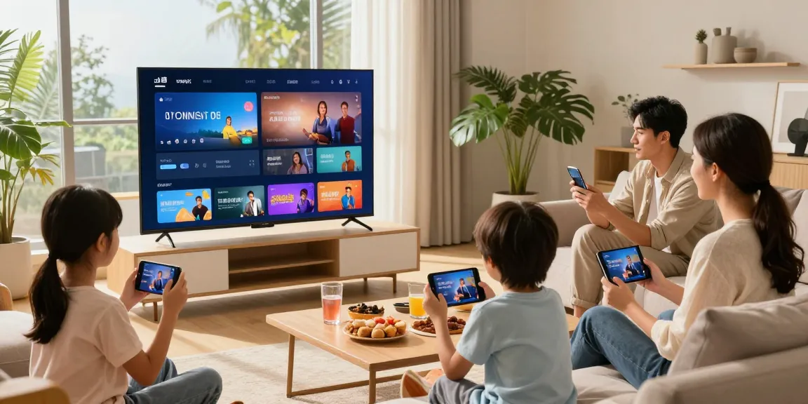Family enjoying streaming TV services together in a cozy modern living room.