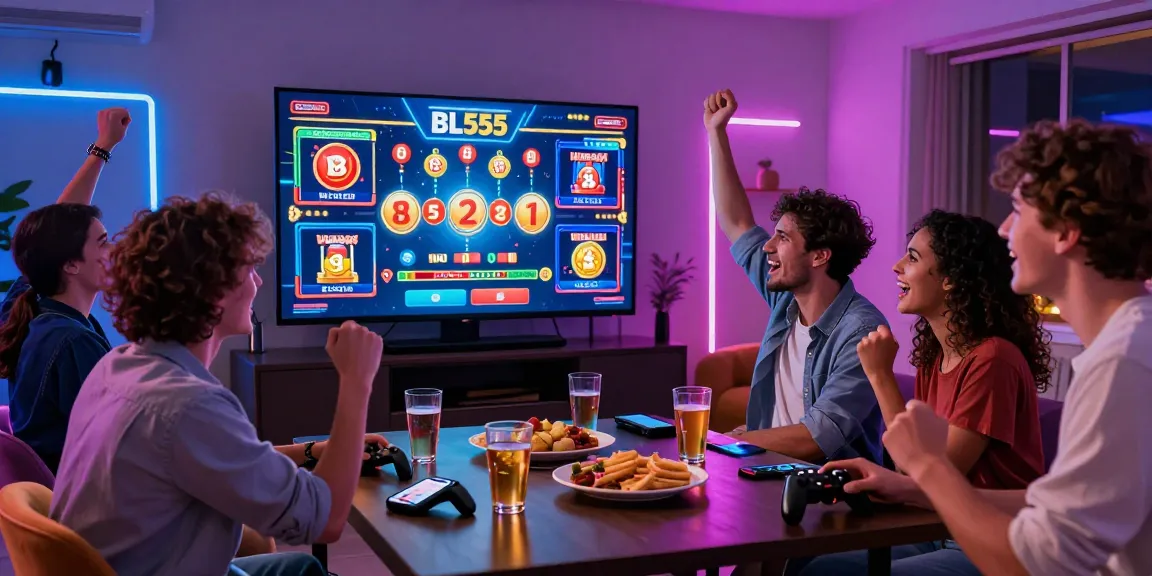 Friends celebrating a win on bl555 in a vibrant gaming room.