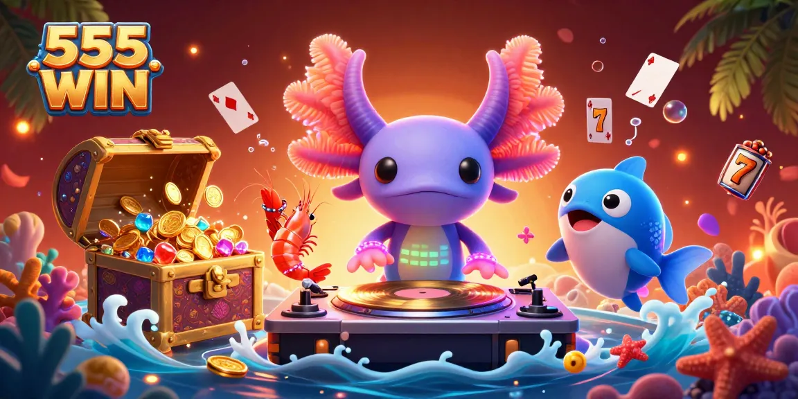 Engage in 555 WIN action with vibrant DJ axolotl, shrimp dancers, and colorful gems!