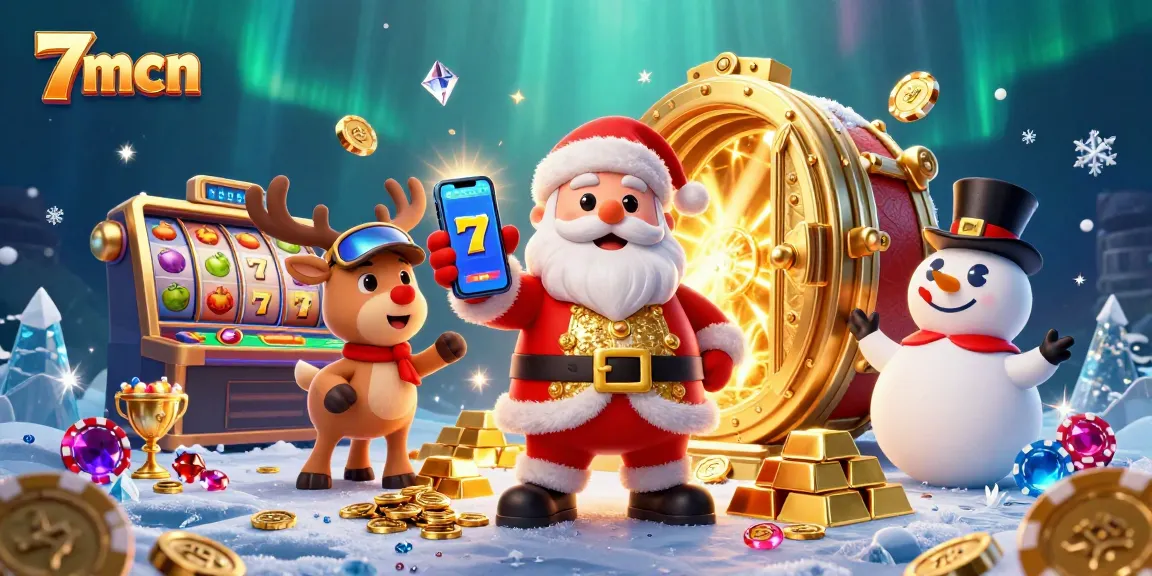 Engage with 7mcn in a vibrant casino scene featuring Santa Claus, a reindeer dealer, and a poker chip snowman.
