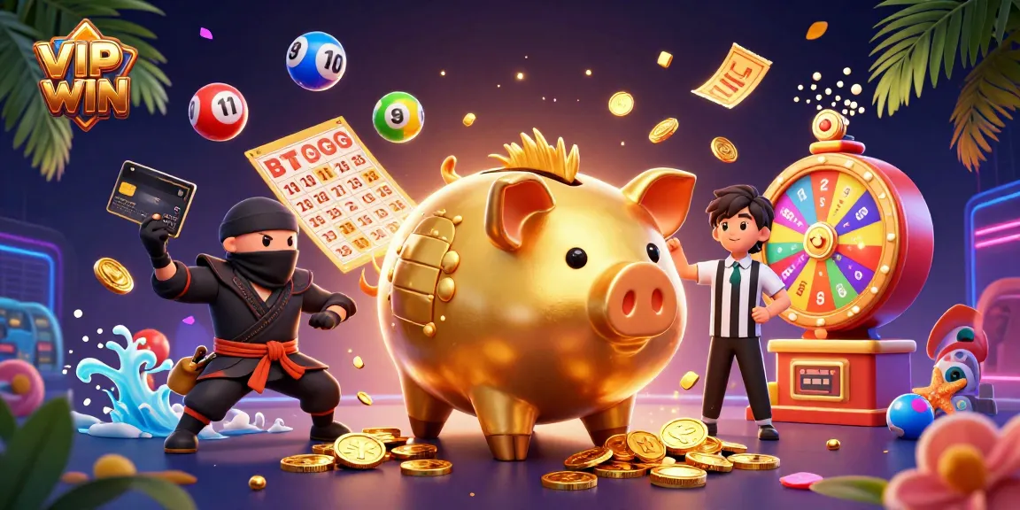 VIPWIN features an exciting scene with a golden piggy bank sumo wrestler surrounded by vibrant lottery elements.