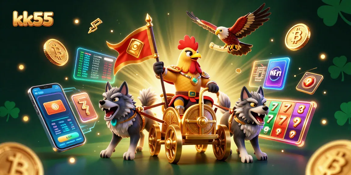 Engage with kk55 as a 3D rooster warlord battles for crypto casino rewards amidst vibrant game elements.