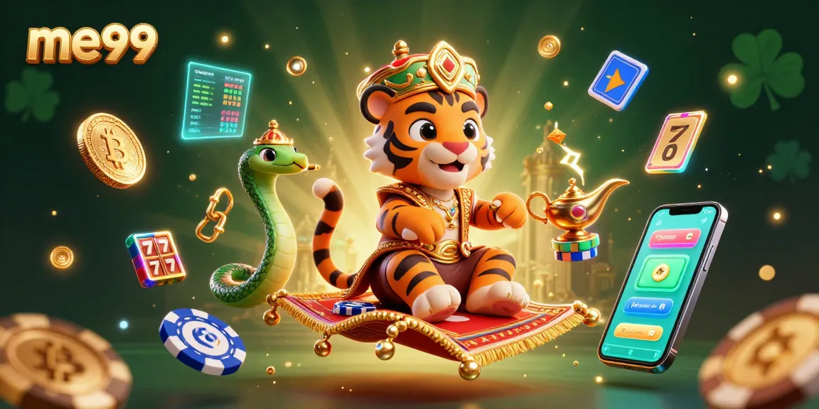 Experience thrilling wins with me99, featuring colorful slot elements and a magic carpet theme in a dynamic casino scene.